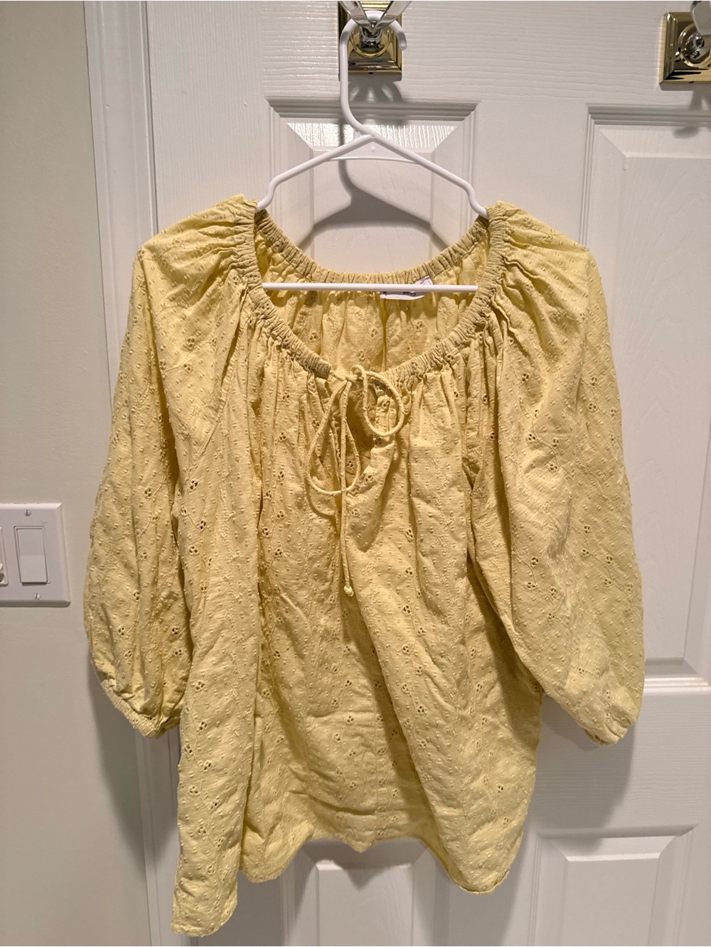 Mango Pale Yellow Eyelet Peasant Blouse